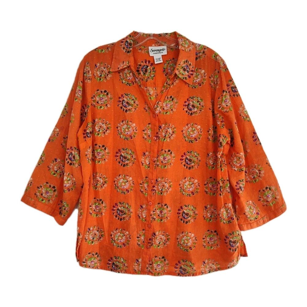 Serengeti Button-Up Blouse Women's Size XL Orange Floral Pattern Roll-Tab Sleeve